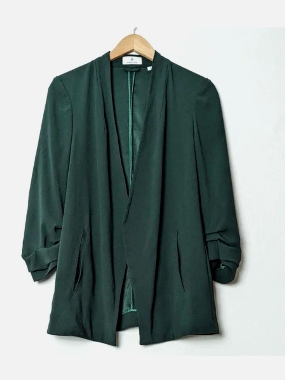 Babaton Aritzia Forest Green Longline Open Front Blazer Ruched Sleeve Size 2